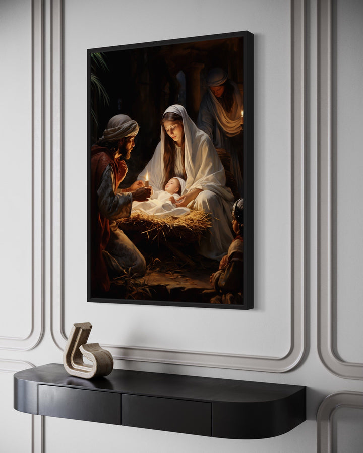 Nativity Birth of Baby Jesus Framed Canvas Wall Art