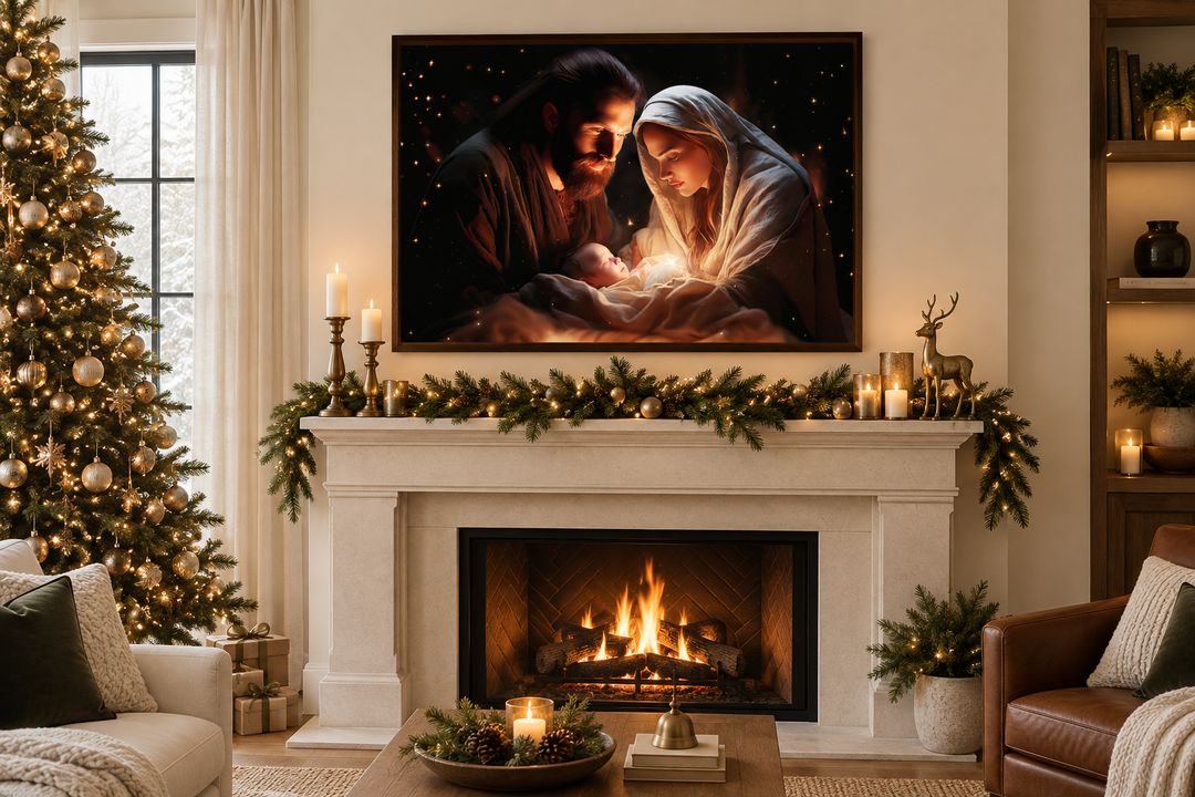 Framed canvas wall art of the Nativity scene with Baby Jesus, Mary, and Joseph above a fireplace.