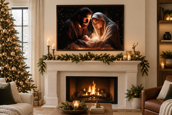 Framed canvas wall art of the Nativity scene with Baby Jesus, Mary, and Joseph above a fireplace.