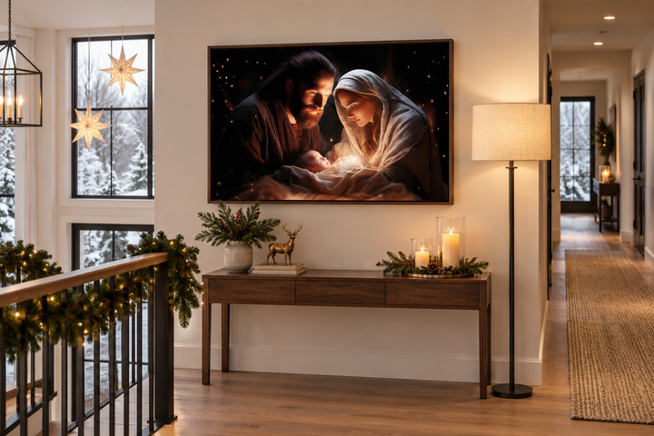 Framed nativity scene canvas art of Baby Jesus, Mary, and Joseph hanging above a wooden console table