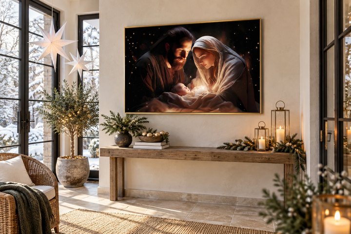 Framed canvas wall art of the nativity scene with Mary, Joseph, and baby Jesus in a warm glow.