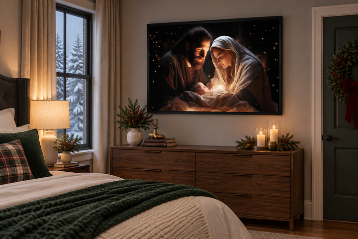 Framed canvas wall art of the Nativity scene with Baby Jesus, Mary, and Joseph in a bedroom.