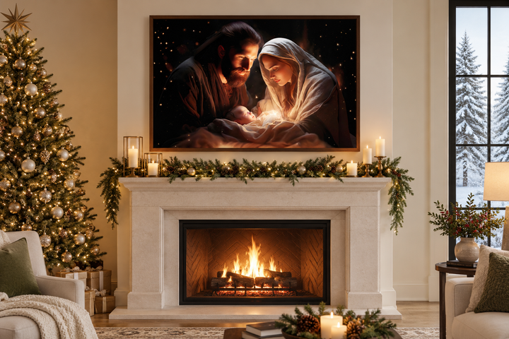 Framed nativity scene canvas wall art of Baby Jesus, Mary, and Joseph above a decorated fireplace.