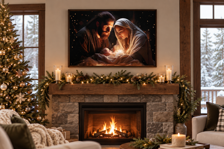 Framed canvas wall art of the nativity scene above a fireplace with Christmas decor.