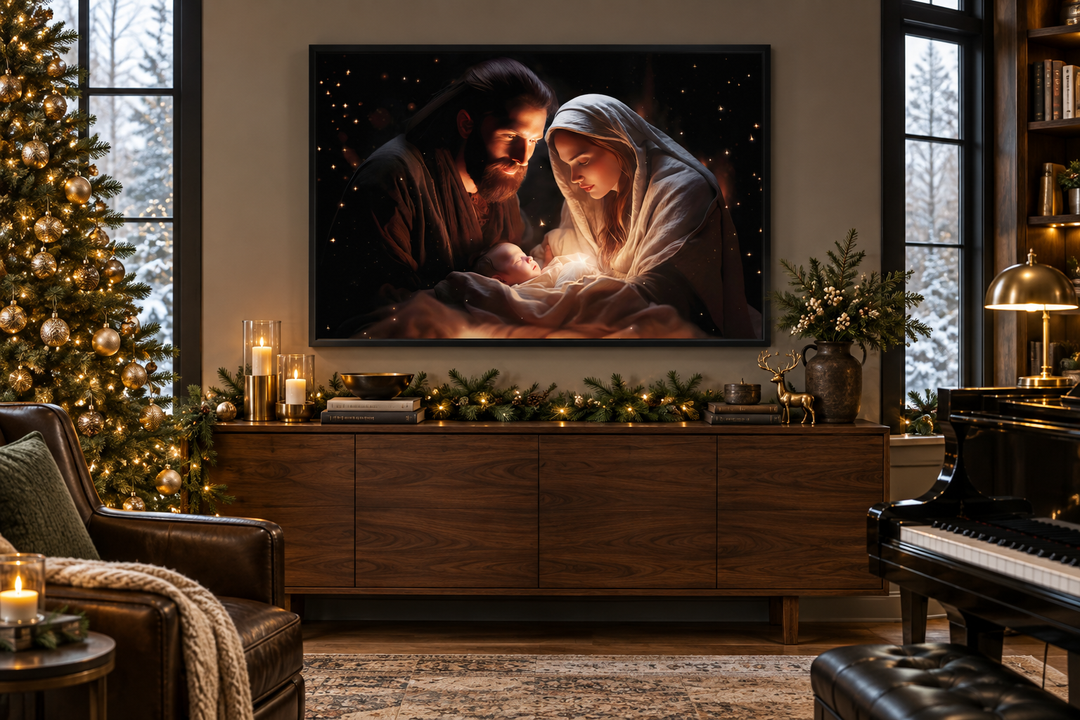 Framed canvas wall art of the nativity scene with Mary, Joseph, and baby Jesus in a warm glow.