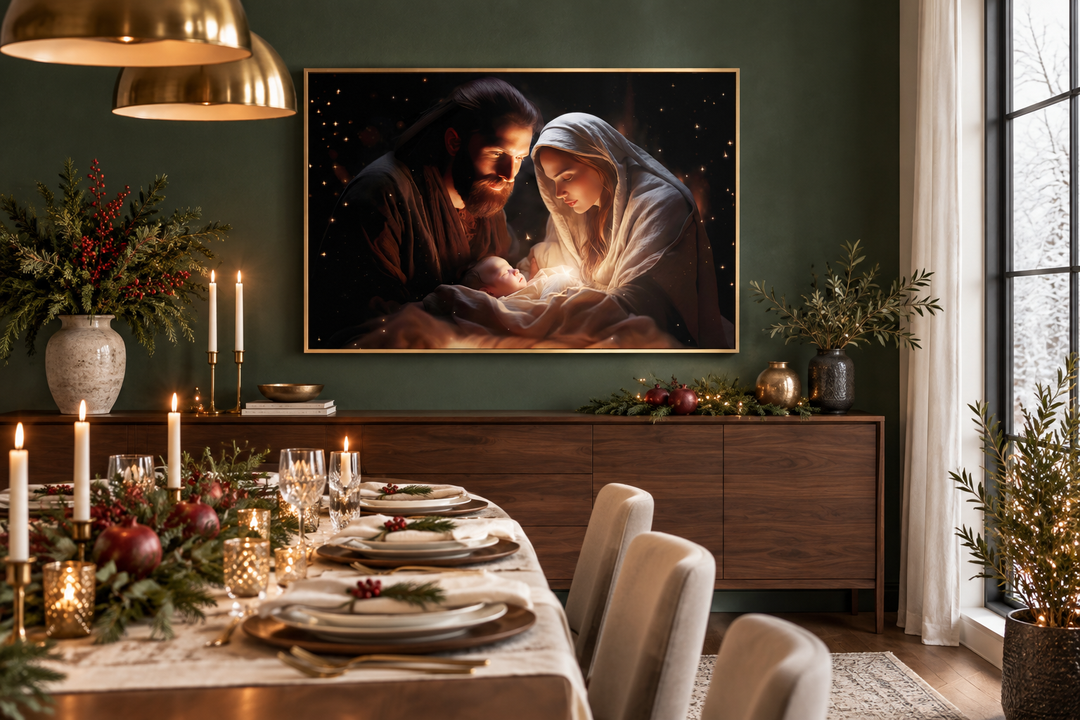 Framed canvas wall art of Baby Jesus, Mary, and Joseph nativity scene in a festive dining room.