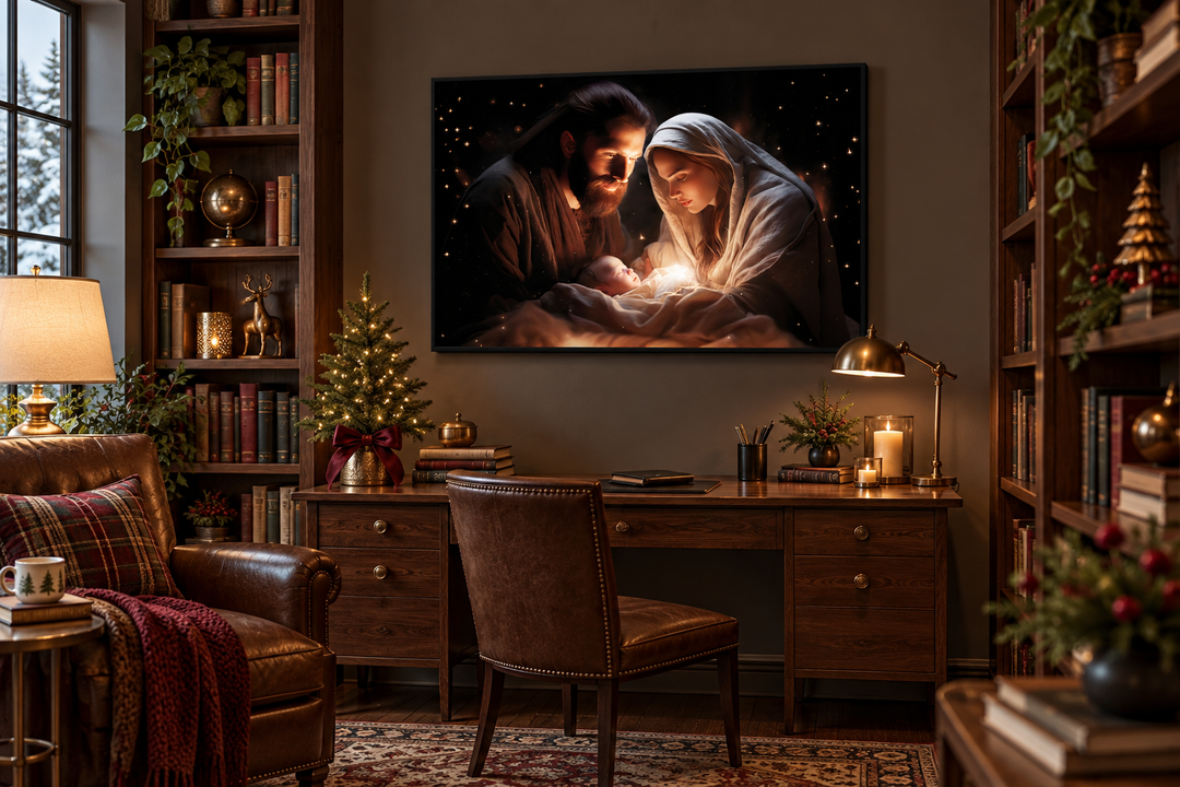 Nativity scene framed canvas wall art of Baby Jesus, Mary, and Joseph in a cozy home office.