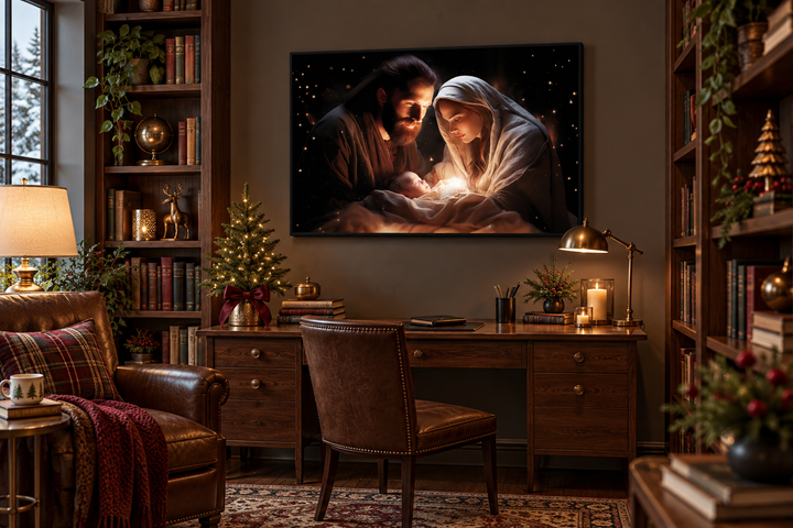 Nativity scene framed canvas wall art of Baby Jesus, Mary, and Joseph in a cozy home office.