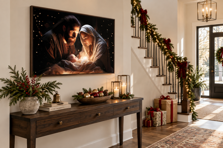 Framed canvas wall art of a nativity scene with Mary, Joseph, and baby Jesus in a festive hallway.