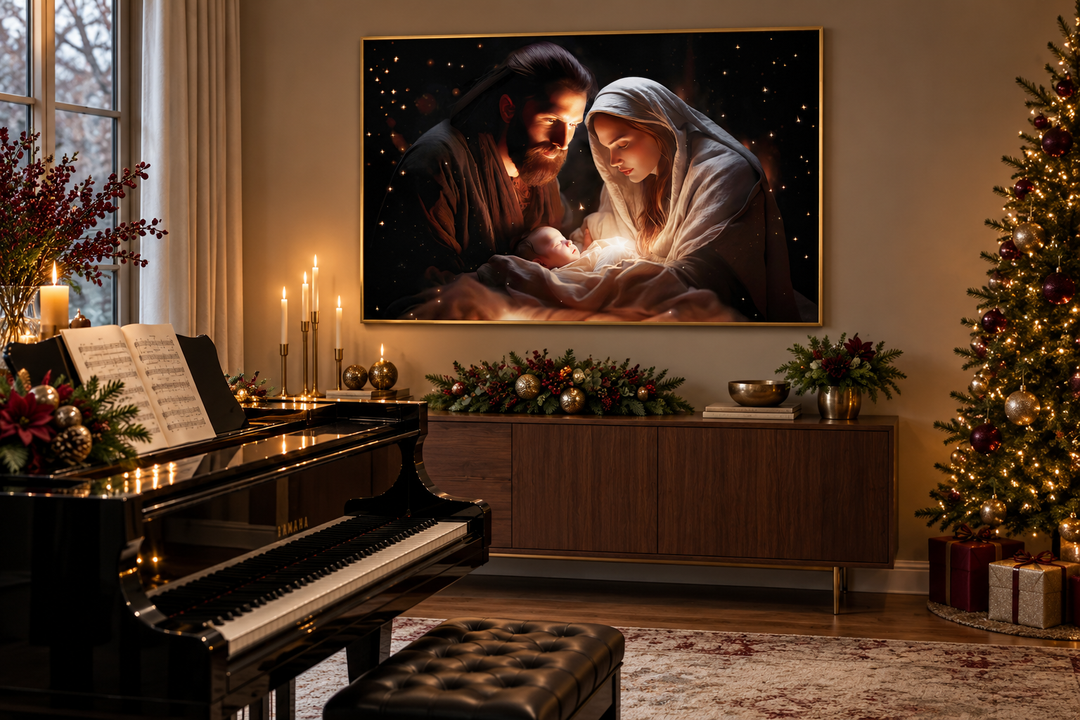 Framed canvas wall art of the Nativity scene with Baby Jesus, Mary, and Joseph in a warm glow.