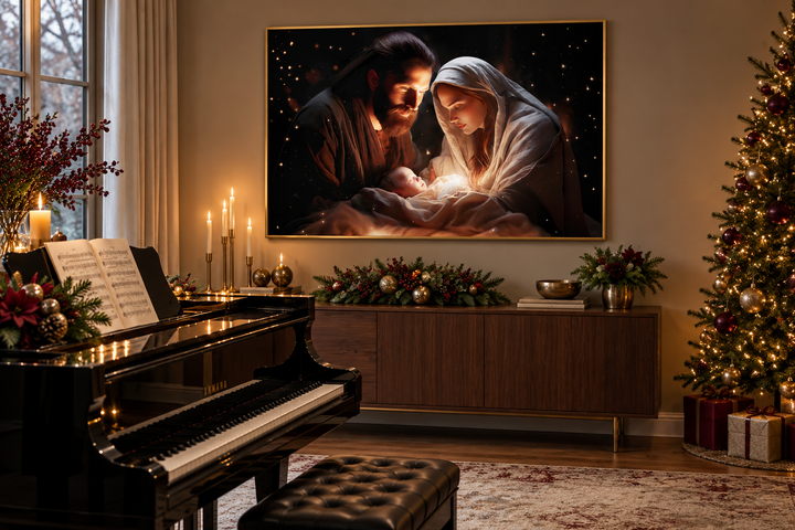 Framed canvas wall art of the Nativity scene with Baby Jesus, Mary, and Joseph in a warm glow.