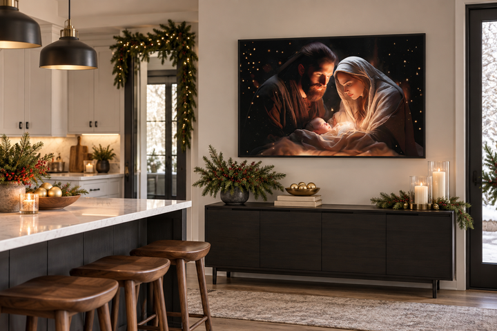 Framed canvas wall art of the Nativity scene with Mary, Joseph, and baby Jesus in a modern home.