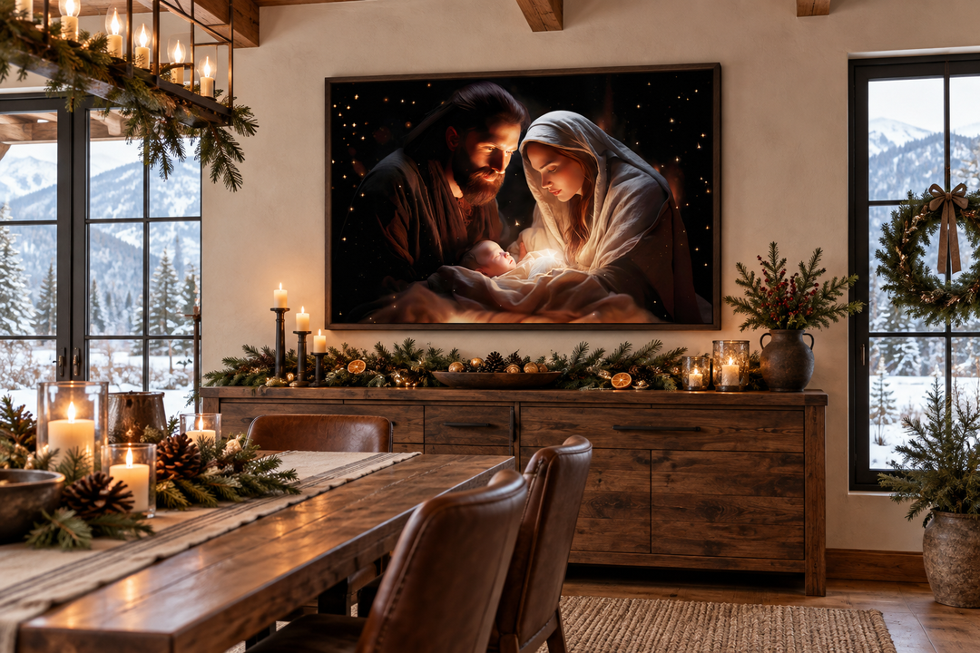 Framed canvas wall art of the Nativity scene with Mary, Joseph, and Baby Jesus in a rustic room.