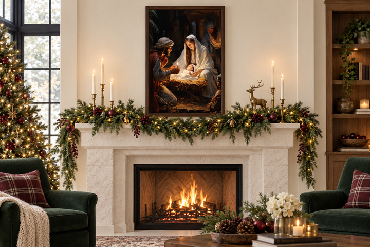 Framed Nativity scene canvas art depicting Mary, Joseph, and baby Jesus above a Christmas mantle.