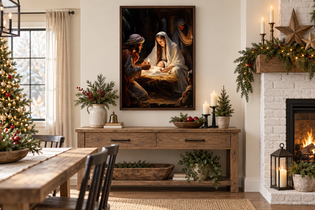 Framed nativity scene canvas art of Mary, Joseph, and baby Jesus above a rustic wooden mantle.