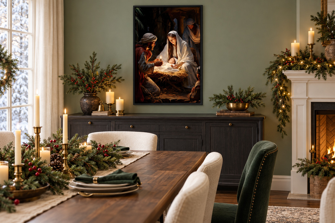 Nativity scene framed canvas wall art above a dark sideboard in a festive dining room.
