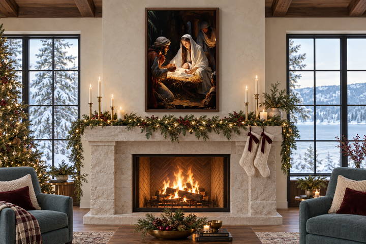 Nativity Birth of Baby Jesus framed canvas wall art hanging above a decorated Christmas mantel.