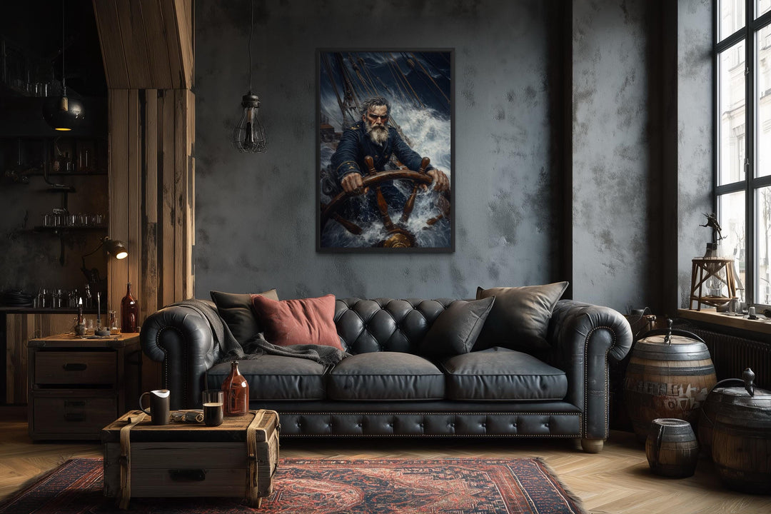 Nautical canvas art of a captain steering a ship through a storm.