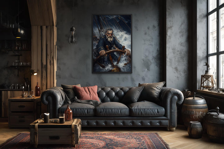 Nautical canvas art of a captain steering a ship through a storm.