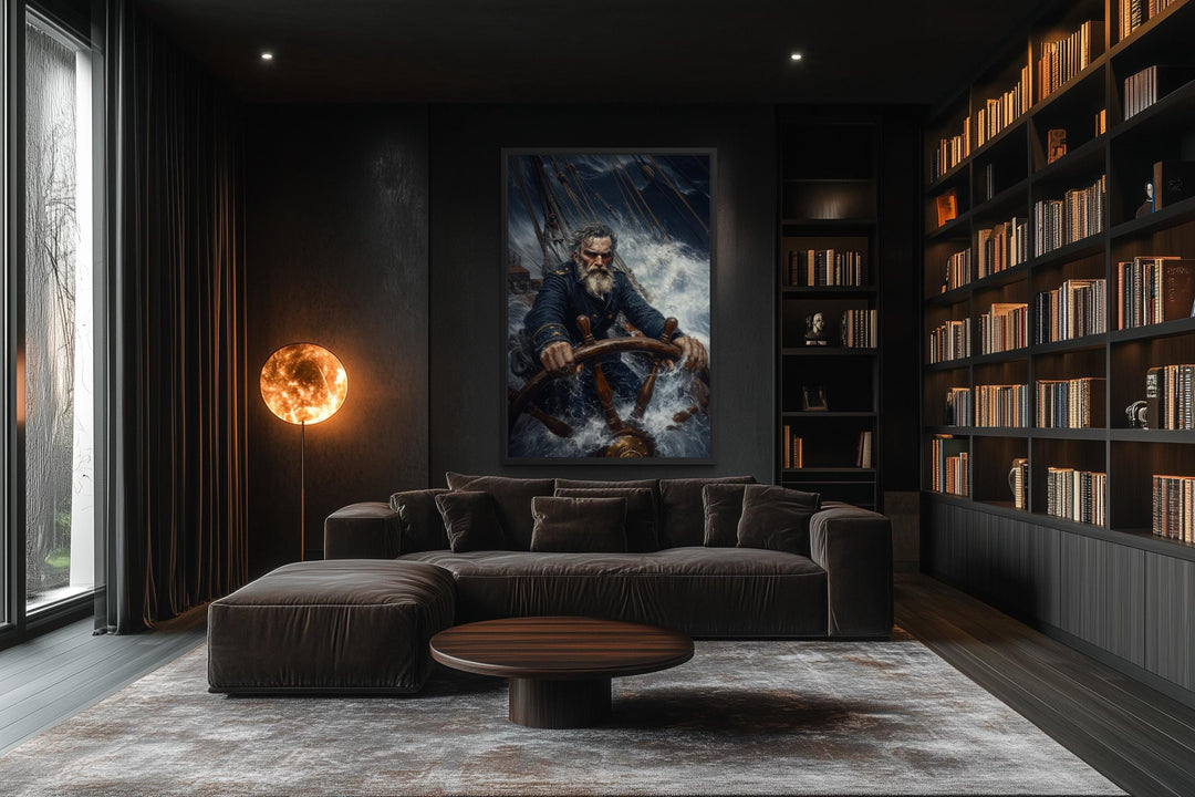 Nautical canvas art of a captain steering a ship through a storm.