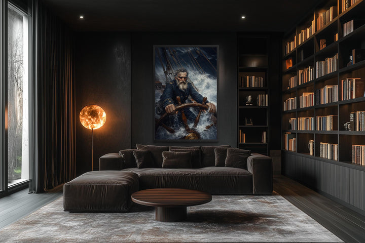 Nautical canvas art of a captain steering a ship through a storm.