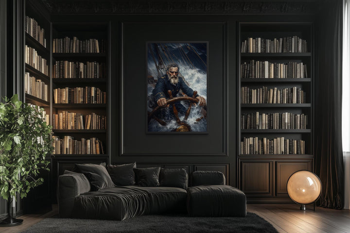 Nautical canvas art of a captain steering a ship through a storm.
