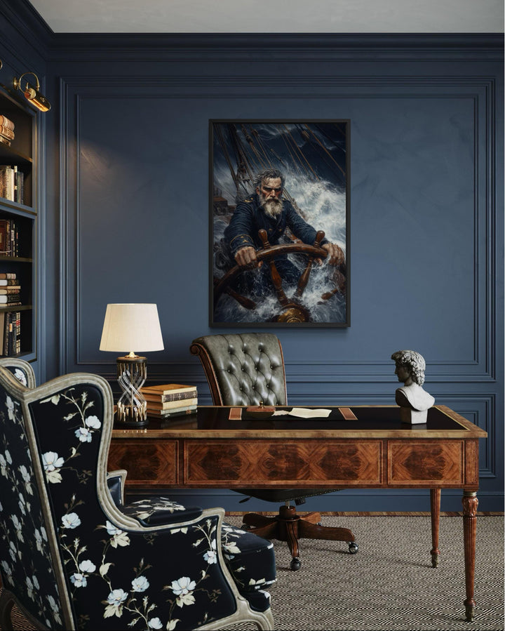 Nautical canvas art of a captain steering a ship through a storm.
