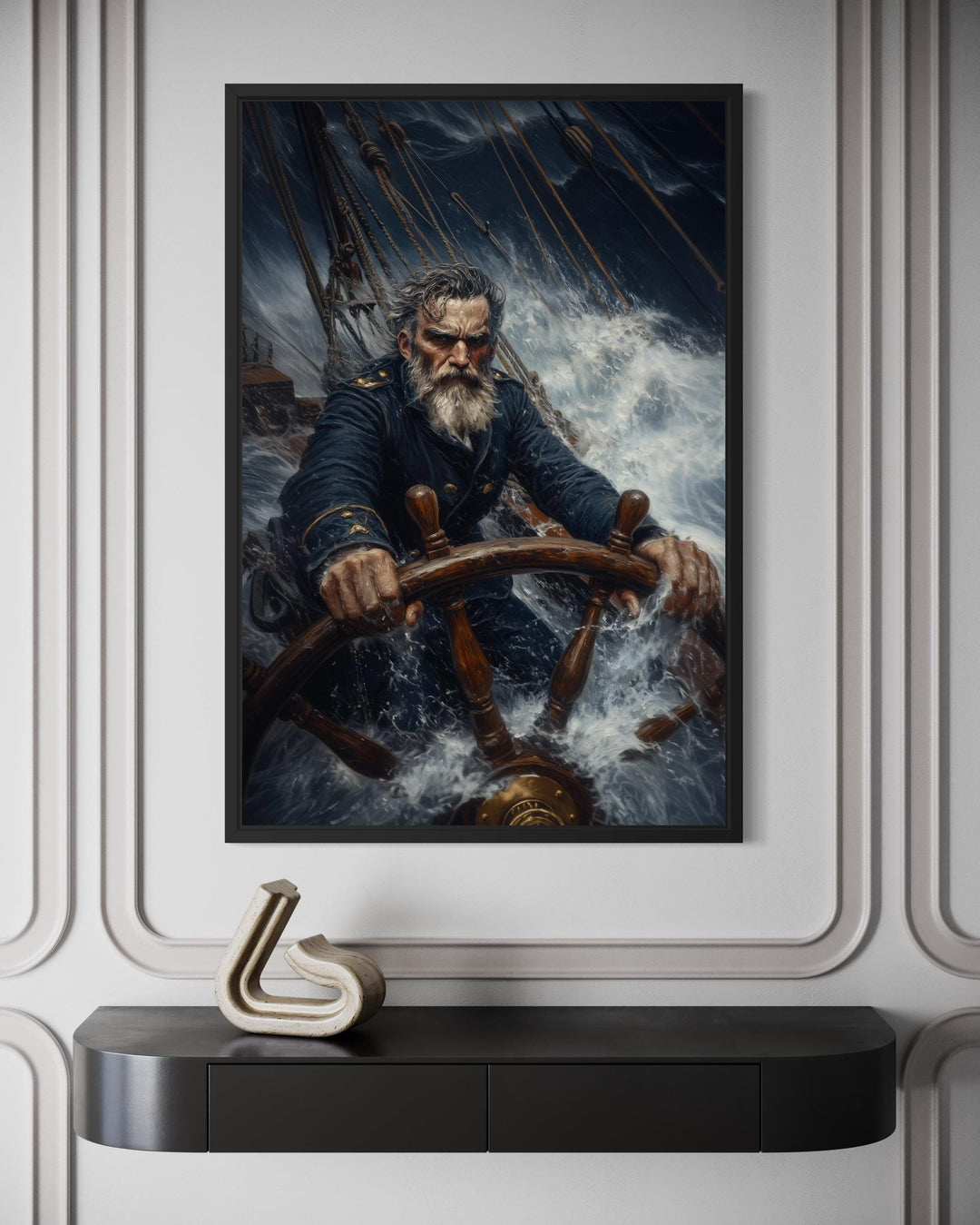 Nautical canvas art of a captain steering a ship through a storm.
