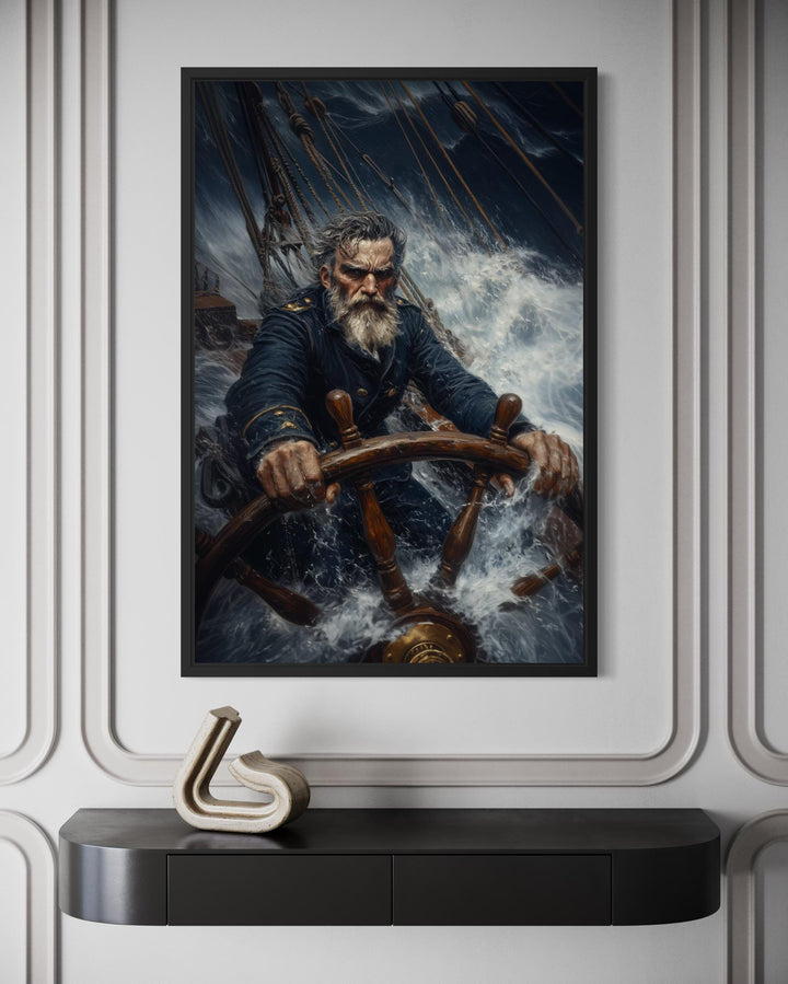 Nautical canvas art of a captain steering a ship through a storm.