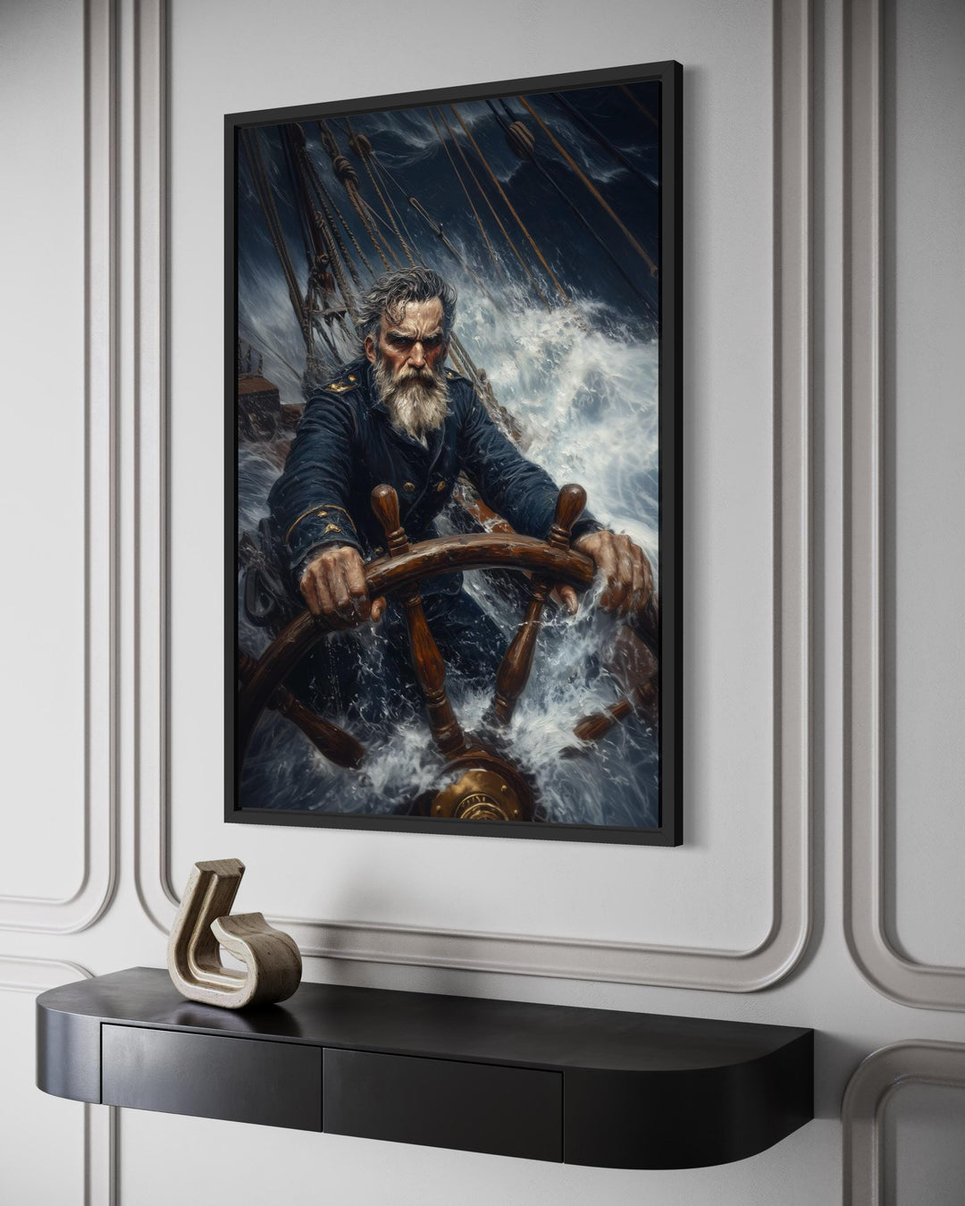 Nautical canvas art of a captain steering a ship through a storm.