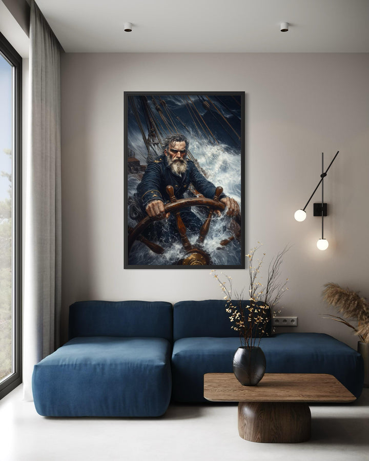 Nautical canvas art of a captain steering a ship through a storm.