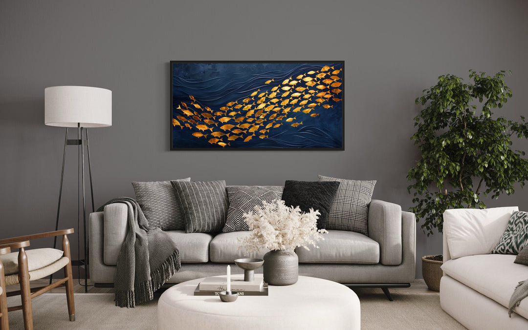 Nautical Navy Gold School Of Fish In Navy Blue Ocean Framed Canvas Wall Art