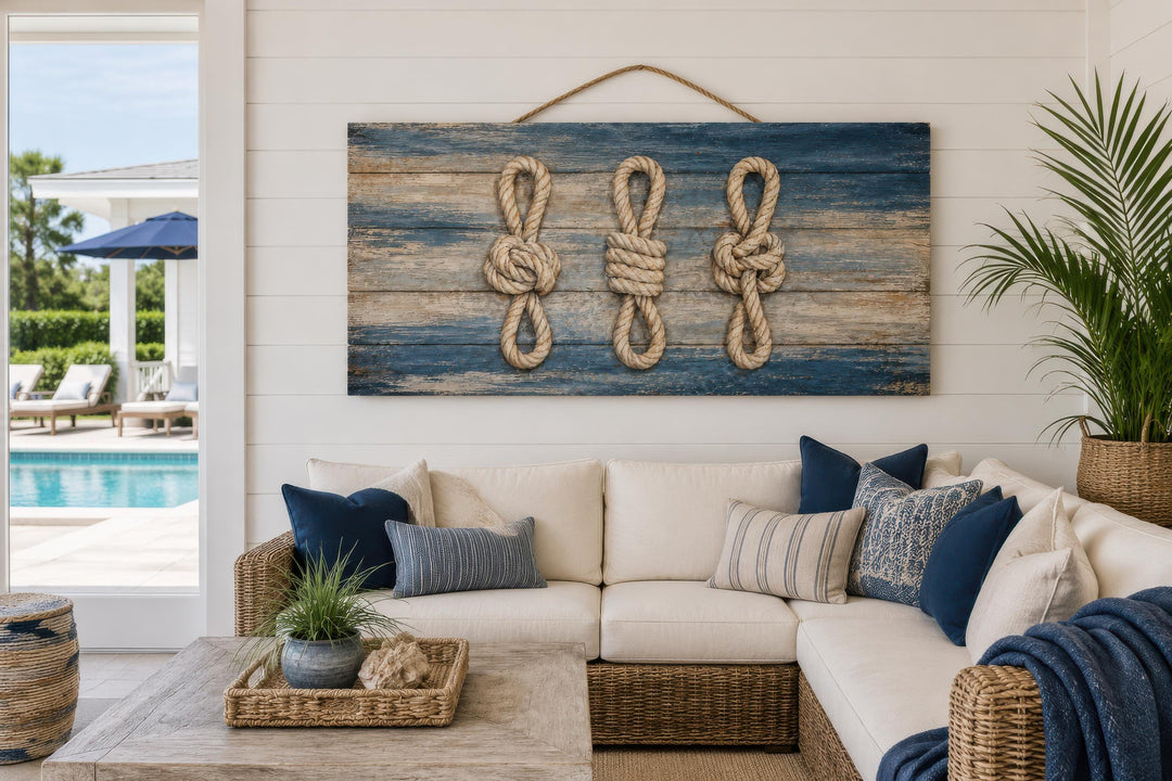 Nautical rope knots on distressed navy blue wood planks wall art in a coastal living room.
