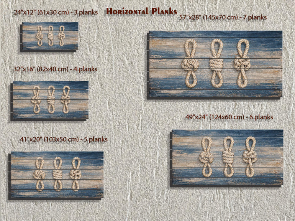 Nautical rope knots wall art on distressed navy wood planks in five horizontal size options.