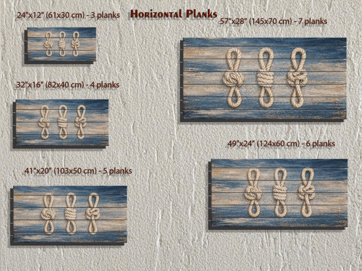 Nautical rope knots wall art on distressed navy wood planks in five horizontal size options.