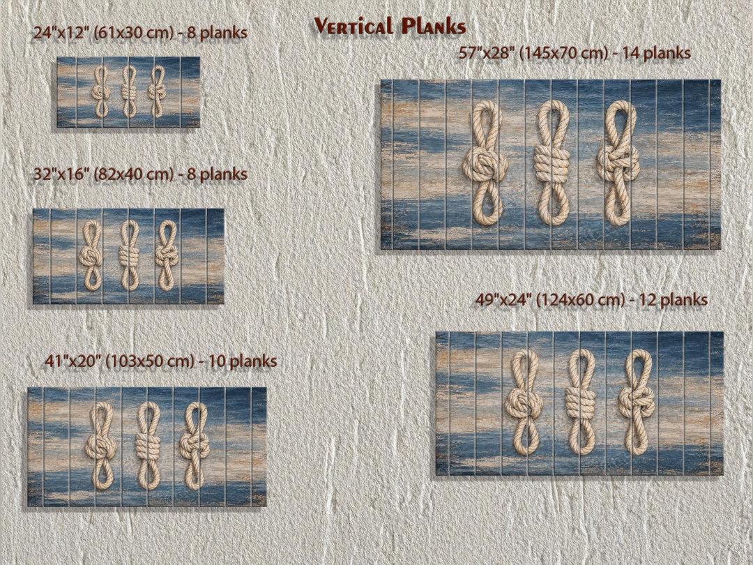 Nautical rope knots wall art on distressed navy wood planks, shown in five size options.