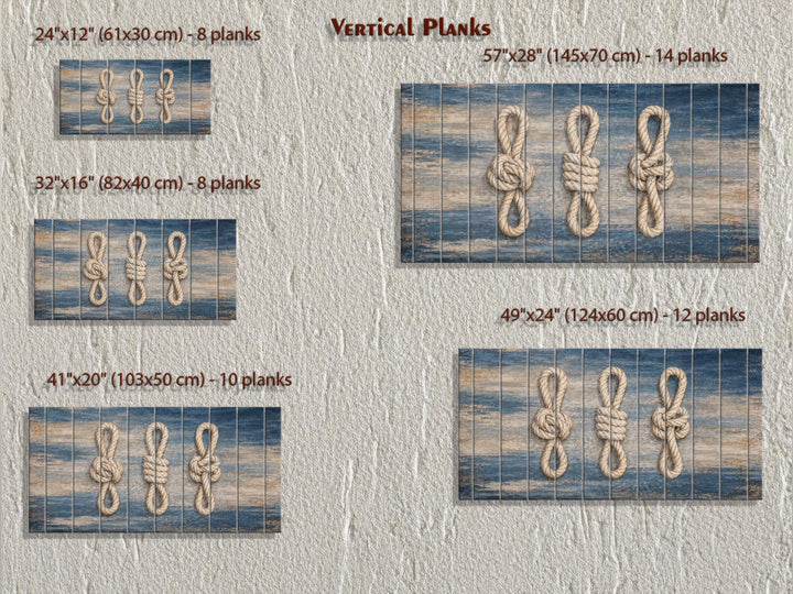 Nautical rope knots wall art on distressed navy wood planks, shown in five size options.