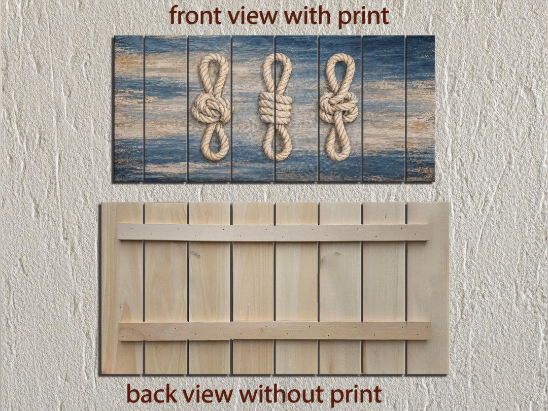 Nautical rope knots printed on distressed navy blue wood planks with a natural wood back view.