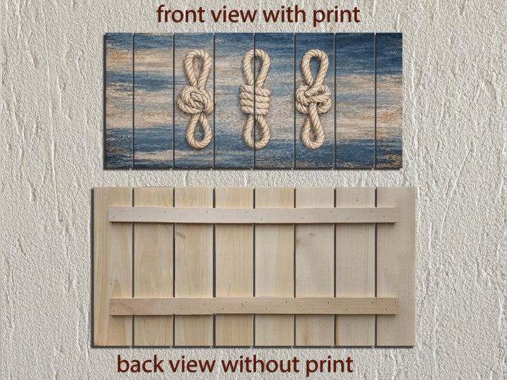 Nautical rope knots printed on distressed navy blue wood planks with a natural wood back view.