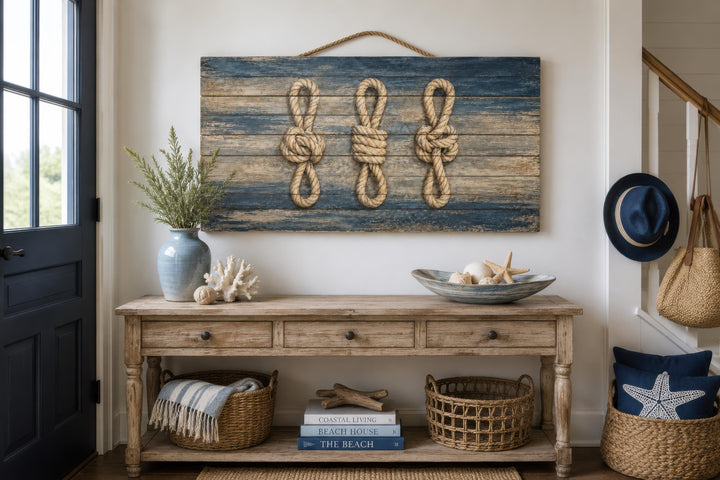 Nautical rope knots on distressed navy blue wood planks wall art displayed above a console table.