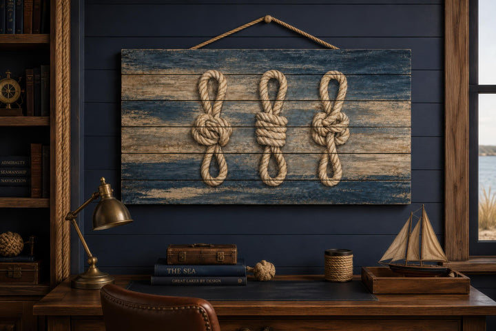 Nautical wall art featuring three rope knots on distressed navy blue wood planks.