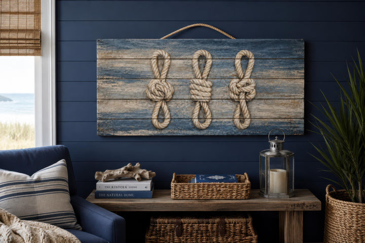 Nautical rope knots on distressed blue wood planks wall art in a coastal living room setting.