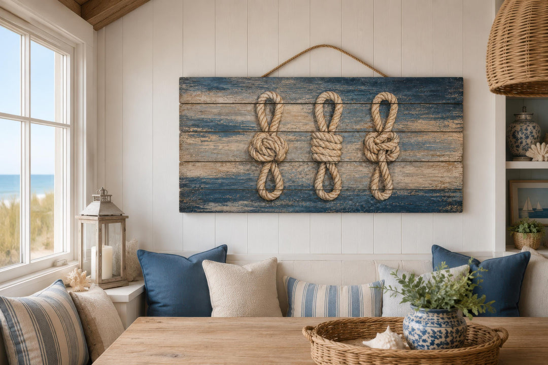 Nautical rope knots on distressed navy blue wood planks for coastal wall decor.
