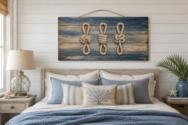 Nautical rope knots on distressed navy blue wood planks hanging above a coastal-style bed.