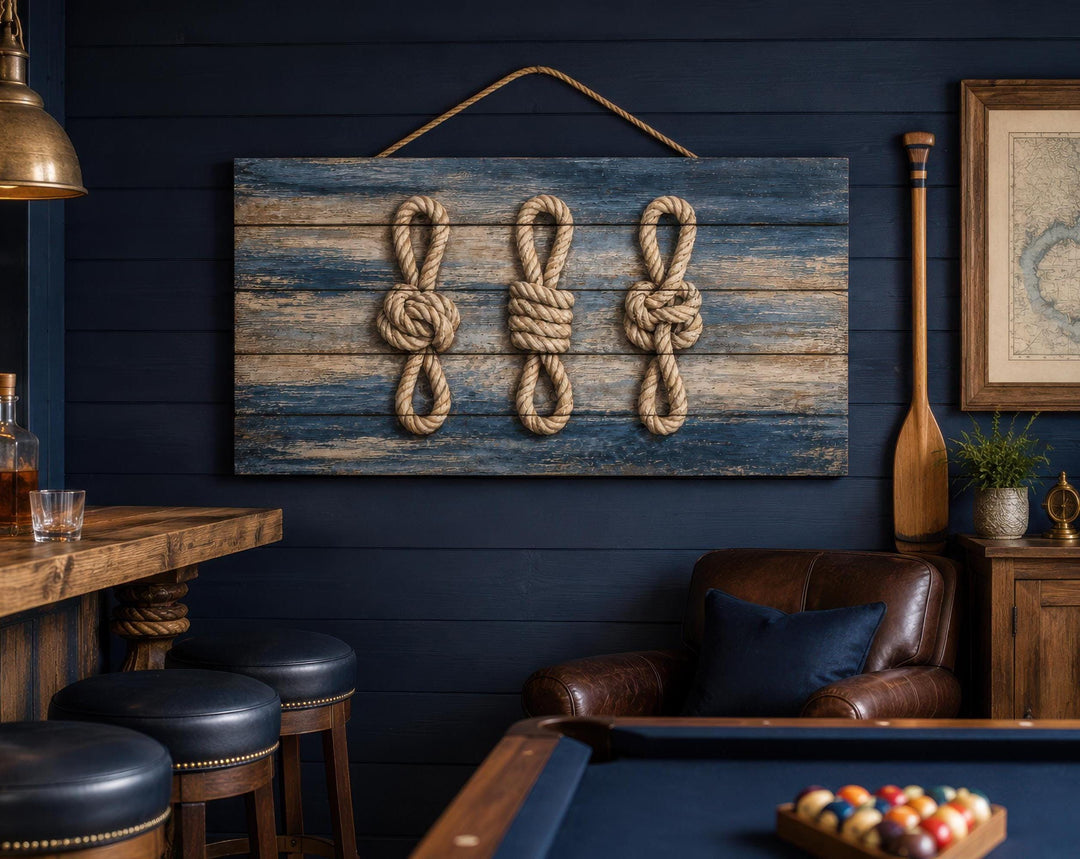 Nautical rope knots on distressed navy wood planks wall art in a coastal-themed room.