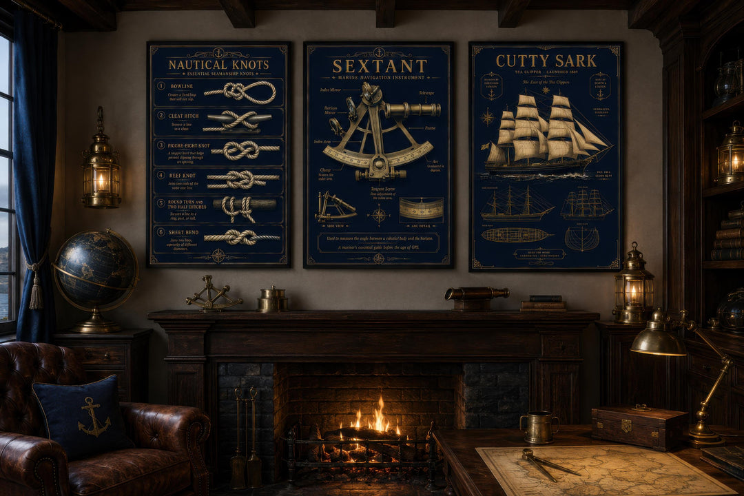 Three-piece nautical wall art set featuring gold knots, a sextant, and the Cutty Sark on navy canvas.