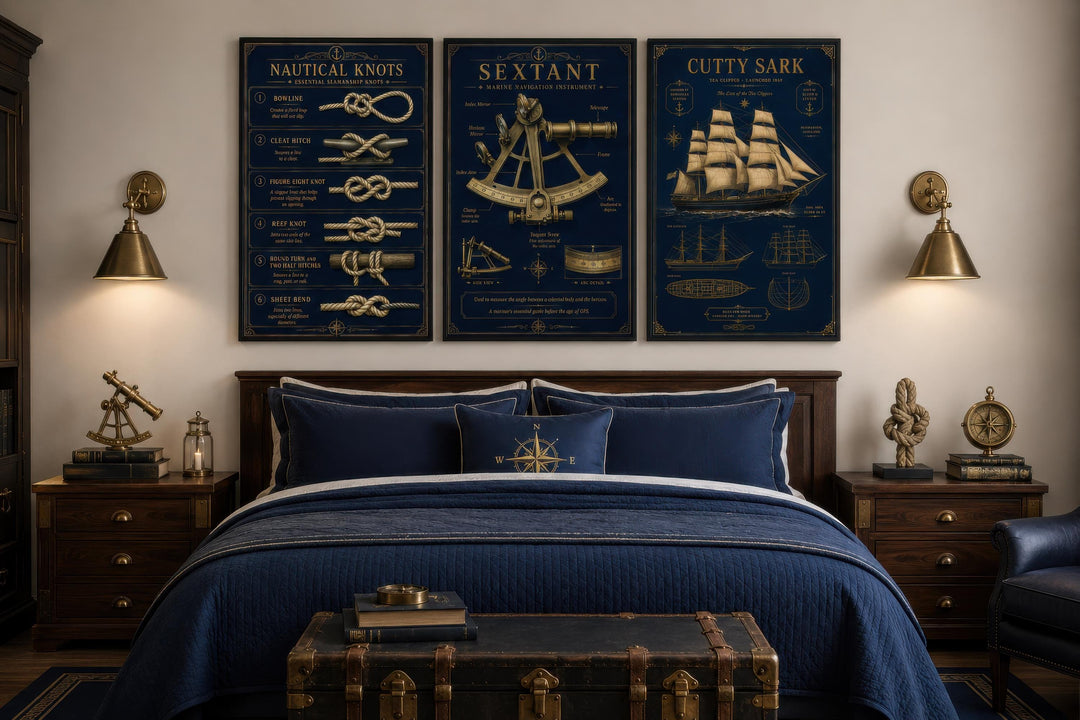 3-piece nautical wall art set with gold knots, sextant, and tall ship on navy canvas above a bed.