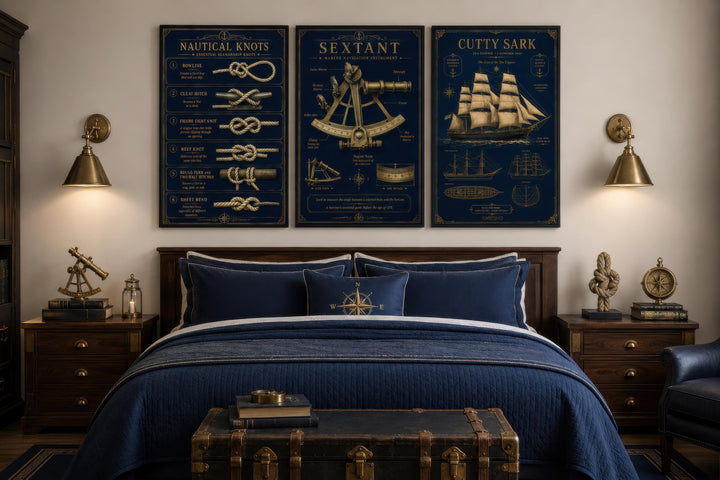 3-piece nautical wall art set with gold knots, sextant, and tall ship on navy canvas above a bed.