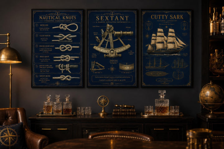 Three-piece nautical wall art set with gold illustrations of knots, a sextant, and the Cutty Sark.