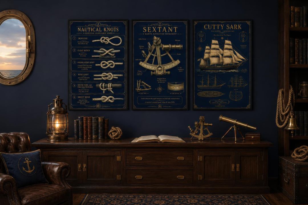 Three-piece nautical wall art set with gold illustrations of knots, a sextant, and the Cutty Sark.
